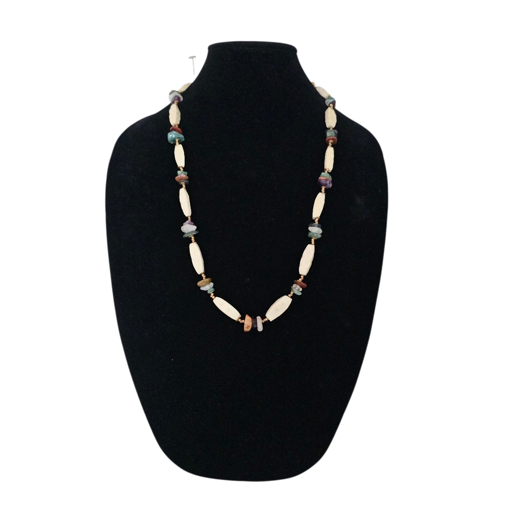 Vintage Miriam Haskell Gemstone 28” Necklace Jade Carnelian Tigers Eye Amethyst